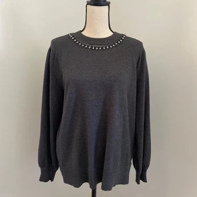Suéter Liz Claiborne Gris Adornado XL Pequeño Joya Cuello Suave Preppy Maduro Foto 1 de 4