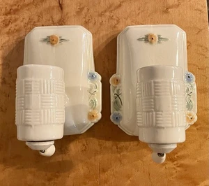 1940s Porcelier Basketweave Floral Bathroom Vanity Wall Sconces - Picture 1 of 11