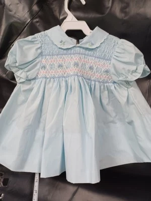 Винтажный маленький ангел синий цветы халат платье 12 месяцев короткие пухлые рукава - Изображение 1 из 4
