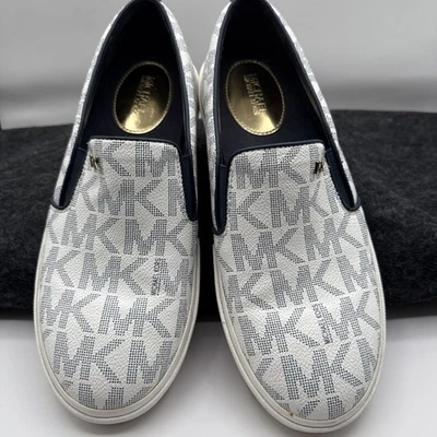 Mocasines Michael Kors Blanco Azul Dorado Talla 7 MK Logo Monograma Mujer’s Sin Cordones Foto 1 de 4