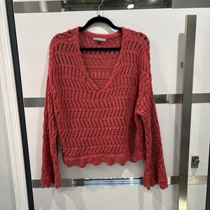 American Eagle Cable Knit V-Neck Sweater Red Women’s Large - Picture 1 of 11
