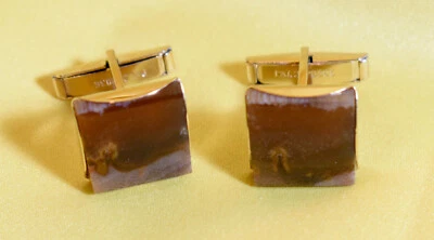 Vintage Mens Cufflinks - Natural Agate Stone on Gold Metal - Image 1 of 4
