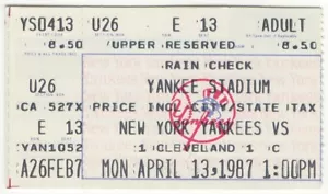 1987 YANKEES vs CLEVELAND INDIANS Opening Day ticket stub WINFIELD Home Run #306 - Picture 1 of 2