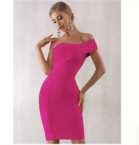NEW DESIGNER COUTURE HOT PINK BANDAGE DRESS ASYMMETRICAL ONE SLEEVE MODERN DRESS - Picture 1 of 6
