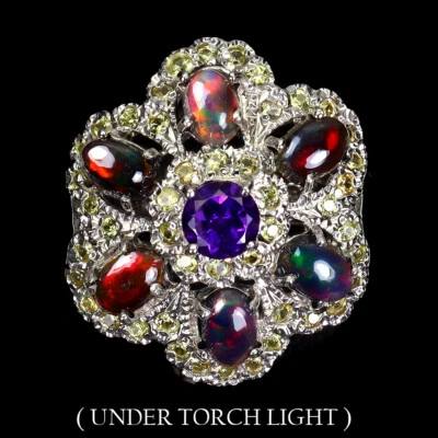 925 Anello Argento Sterling Ovale Nero Opale 6x4mm Zaffiro Gemma Gioielli Misura - Immagine 1 di 4