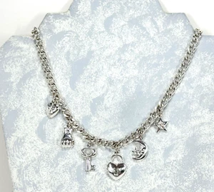 Necklace Silver Tone Charms Hearts Stars Sun on 16 Inch Curb Link Choker Vtg - Picture 1 of 7