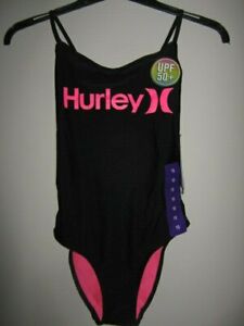 Hurley Girl's 5 Swimsuit 1 Pc  Halter Black Pink Leopard Print Beach Pool