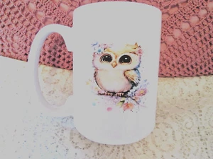 WHITE CERAMIC 16 OZ. MUG WITH HANDMADE WATERSLIDE OF AN OWL AND BUTTERFLY #4 - Picture 1 of 3