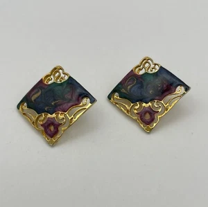 Vintage Enamel Swirl Pierced Post Earrings Gold Tone Multicolor - Picture 1 of 6