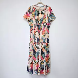 OTT Size 2X Maxi Dress Bright Floral Tiered Lined Short Sleeve Long V-Neck NWT - Picture 1 of 14