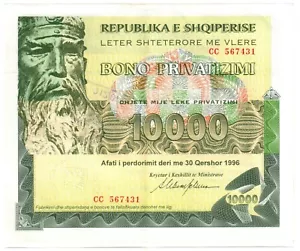 Bonos de privatización de Albania 10000 leke 1996, XF. Papel moneda raro - Imagen 1 de 2