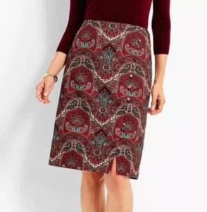 NEW Talbots Opulent Paisley Side Button Faux-Wrap Skirt Damask Red Size 4 - Picture 1 of 13