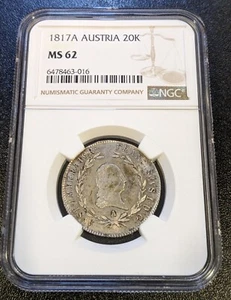 1817 A MS62 Austria Silver 20 Kreuzer NGC UNC KM 2143 Nice Luster ! - Picture 1 of 4