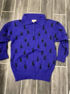 Maglione brutto vintage gatto nero Halloween viola nonna - Foto 1 di 7
