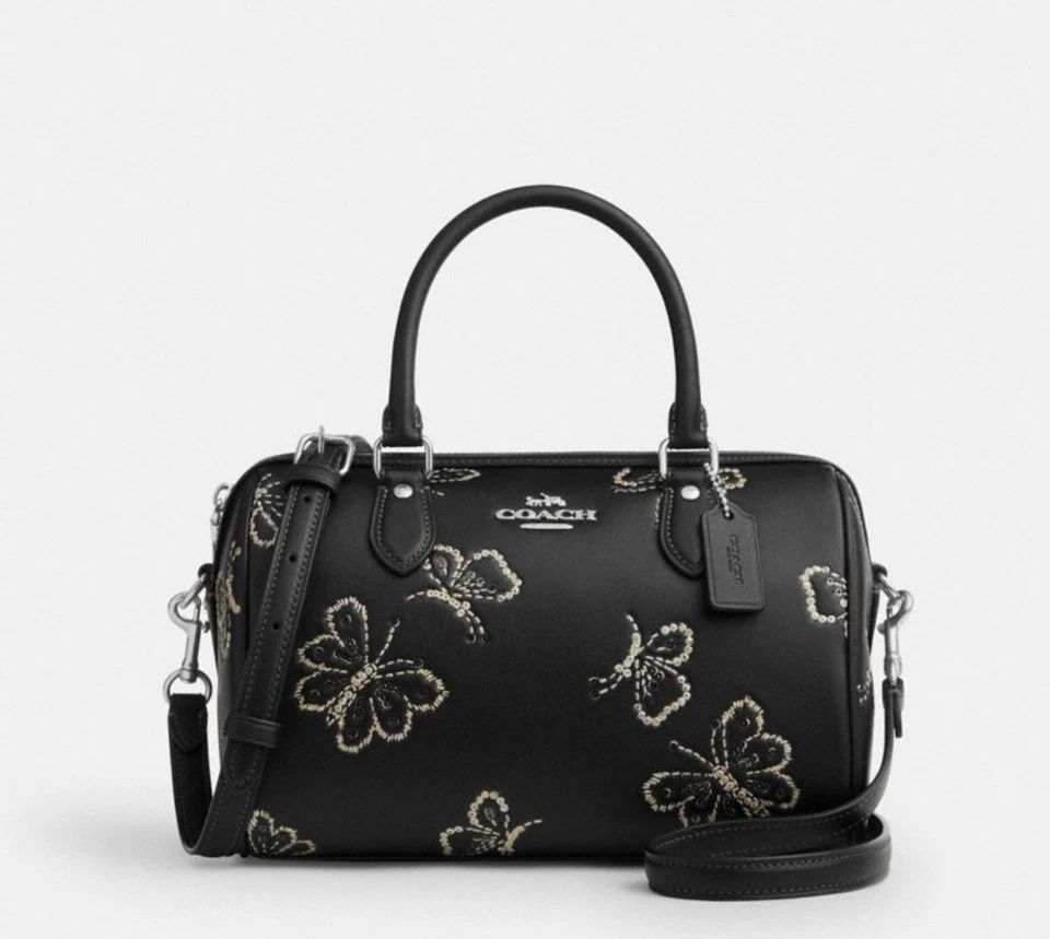 COACH CCK88 Rowan Satchel Bag With Butterfly Print Smooth Leather Silver/Black