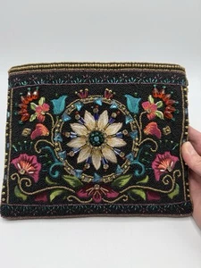 Mary Francis Valley Of Flower Black Leather beaded bag Crossbody /rb - Picture 1 of 22