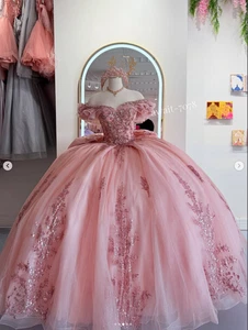 Abito da ballo rosa Quinceanera spalle scoperte glitter perline dolce 16 - Foto 1 di 9
