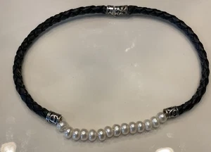 Early Honora pearl and black genuine leather braided chocker Necklace 16”/silver - Picture 1 of 5