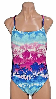 Vintage 90s Catalina Palm Tree One-Piece Cross Back Tie-Dye Swimsuit Ribbed sz L - Image 1 of 4