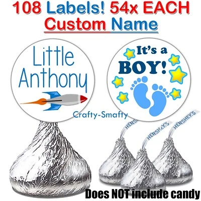 Pegatinas de baby shower con nombre personalizado para niños se adaptan a etiquetas Hershey Kisses tema espacio azul Foto 1 de 2