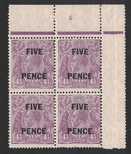 1930 Australia KGV 5d on 4/12d violet SG 120 Muh Block Four - Variety Narrow E - Picture 1 of 3