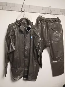 Dull shiny gray PVC vinyl rainsuits set hooded jacket and pants little heavy - Picture 1 of 21
