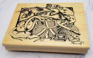 Fly Fishing Fish Collage Creative Impressions Wood Mounted Rubber Stamp - Picture 1 of 7