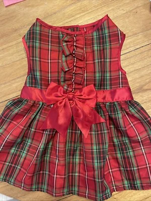 Holiday Time Simply Dog Red Plaid Taffeta Dress w/Red Satin Bow & Trim M - Image 1 of 4