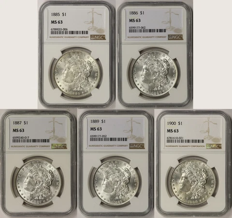 Lot 5 Different Date Morgan $1 MS 63 NGC 1885, 1886, 1887, 1889, 1900 Cover