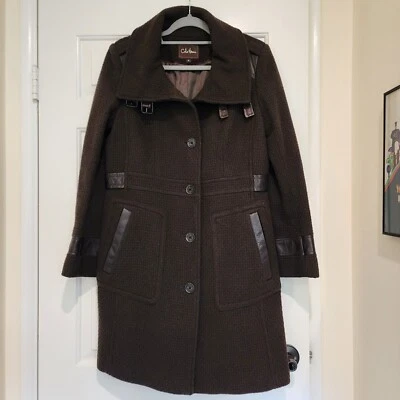 Gabardina COLE HAAN Lana Texturizada Marrón Chocolate Cuero Ribete Moto Talla 10 Foto 1 de 4