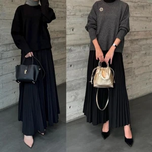 Korean Style Women's O Neck Sweater with Matching Pleated Skirt Outfit - Picture 1 of 17