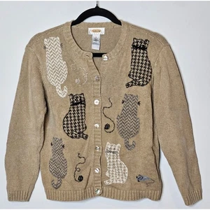 Talbots Petites Vintage 90s Damen Small Beige Cat Mouse Cardigan Pullover Strick - Bild 1 von 5