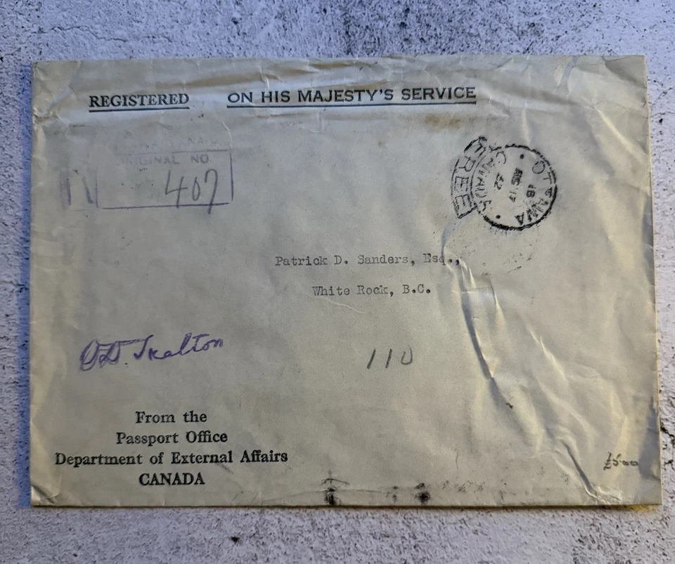 1932 Canadá OHMS cubierta registrada Ottawa-BC sello de cera departamento de asuntos exteriores Foto 1 de 4