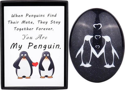 MERCLIX Penguin Pebble Keepsake Gift Glass Pocket-Sized Love Token, Anniversary Card