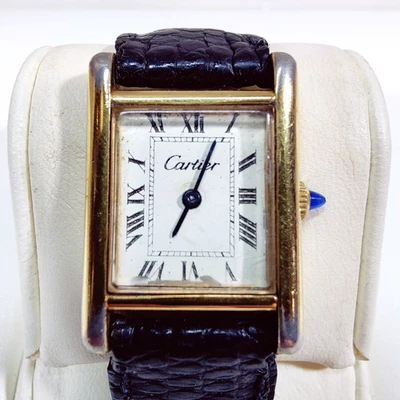 VTG 70s Pre Must Cartier Tank Manual Watch Women Gold Black 20mm Case WORKING - Image 1 of 4