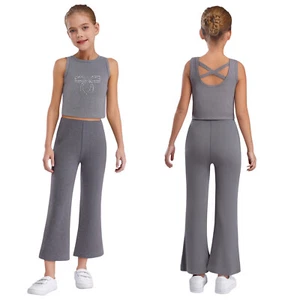 Kids Girls 2 Piece Sports Outfit Rhinestones Crop Tank Tops with Pants Set Yoga - Picture 1 of 24