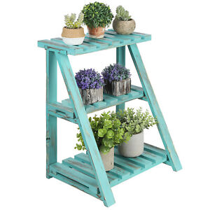 Rustic Turquoise Blue Wood Plant Stand Indoor Rack, 3 Tier Planter Pot Shelf