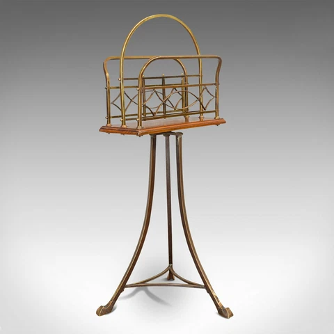 Antique Newspaper Stand, French, Walnut, Brass, Magazine, Music Rack, Victorian Cover