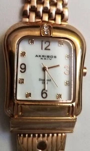 AKRIBOS XXIV Watch Gold Color 10 Diamond Dial Water Resistant Stainless Steel Ba - Picture 1 of 5
