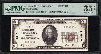 $20 1929 Type 1 The First National Bank of Tracy City Tennessee CH 7314 PMG 35 E - Image 1 of 2