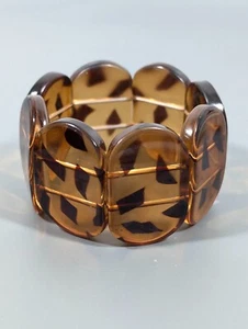 Retro Faux Tortoise Brown Lucite Oval Panel Wide Stretch Bracelet 6.5 in Boho - Picture 1 of 9