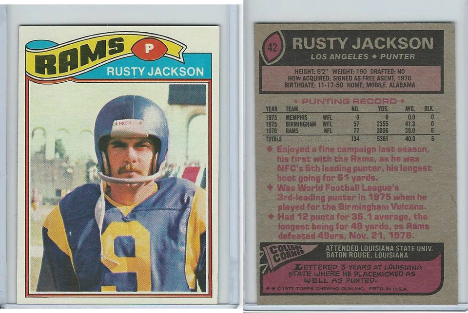 1977 Topps Football, #42 Rusty Jackson, Los Angeles Rams - Image 1 of 1