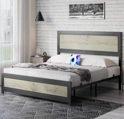 全尺寸豪华床架带木制可调节床头板,充电站 — 第 1/4 张图片