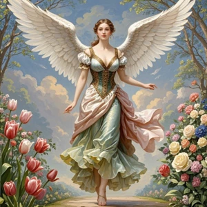 Kunst Giclée gedruckt Ölgemälde Engelsflügel Mädchen sexy tief ausgeschnitten Rock Blumen #036 - Bild 1 von 2