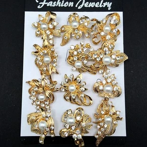 12pc/lot Mini Mixed Gold Rhinestone Crystal Pearl Brooch Pin DIY Wedding Bouquet - Picture 1 of 6