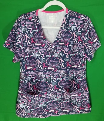 MEDCOUTURE PRINTS Breast Cancer Scrub Top 8564 Nurse Hospital Women Size Large  - Image 1 of 4