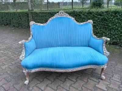 Sofa Couch French Louis XVI Blue Velvet 1960s Vintage Upholstered Antique - Image 1 of 4