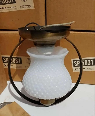 Vtg Flush Mount Ceiling Light Fixture Hobnail Milk Glass Shade 1960s Brass NEW - Image 1 of 2