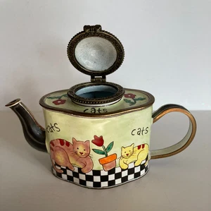 Vintage Kelvin Chen 1999 Miniature Enamel Hinged Teapot Cats & Flowers #1169 COA - Picture 1 of 22
