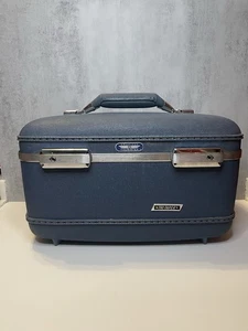 American Tourister Tri-Taper Train Makeup Hard Case Blue With Mirror MCM Vintage - Picture 1 of 10